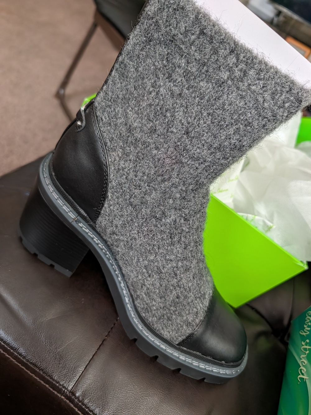 Women's Gray Wool-Blend Ankle Boot with Black Leather Trim